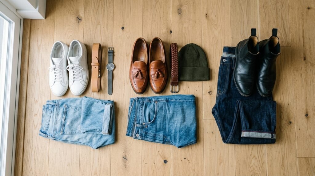 Three denim and casual footwear combinations arranged in an overhead flat lay.