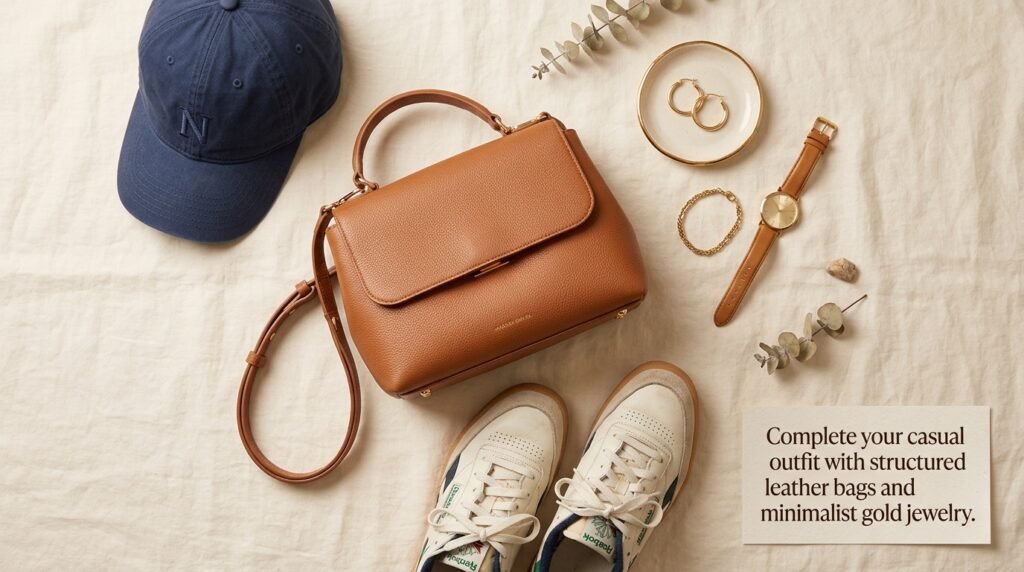 Flat lay of a leather shoulder bag, hoop earrings, baseball cap, and retro sneakers on an ivory surface.