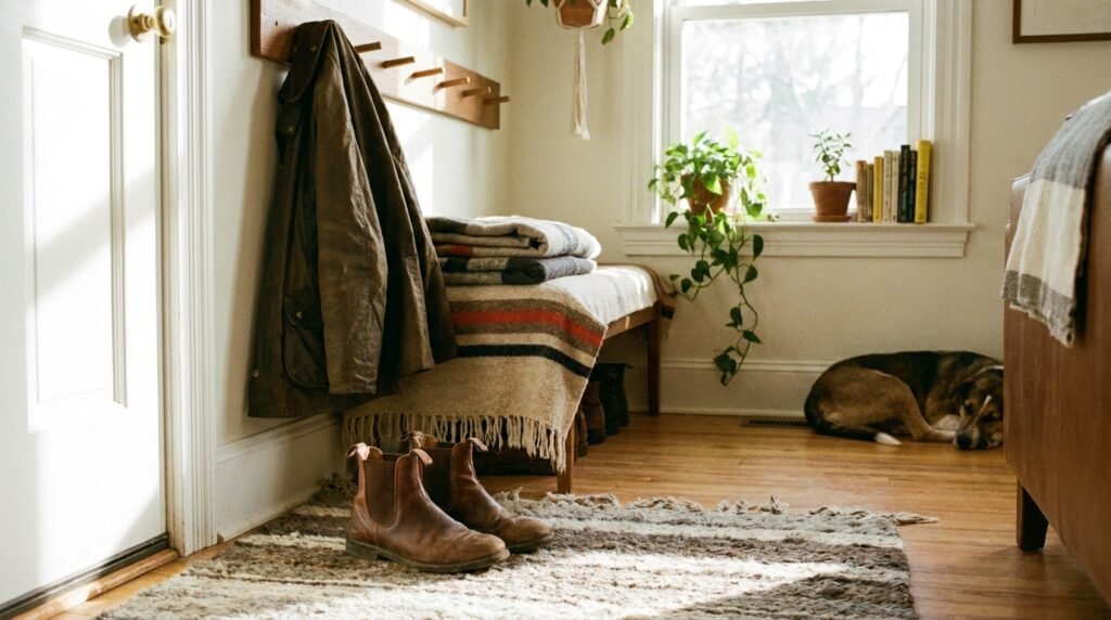 Brown Chelsea boots placed near an entryway with a jacket hanging on the wall.