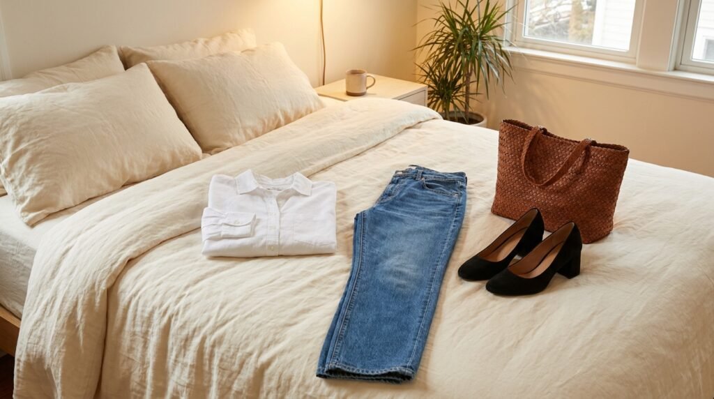 An outfit flat lay on a white bed featuring a white button-down shirt, blue jeans, and black suede block heels.