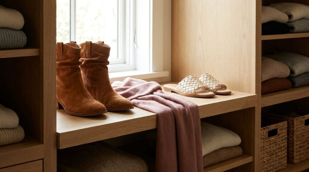 Closet shelf displaying transitional footwear options from boots to sandals.