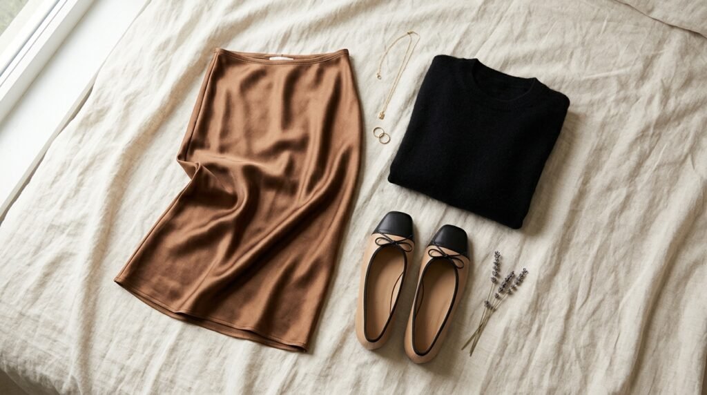 Nude and black two-tone ballet flats flat lay with a bronze satin skirt and black knitwear.