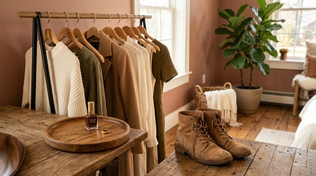 Clothing rack with neutral garments and boots alongside a bottle of brown nail polish.
