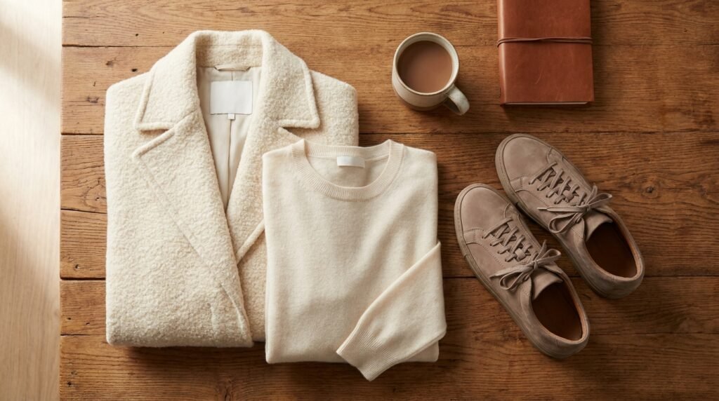 Model wearing a cozy chic sneaker outfit with a wool coat and lifestyle trainers