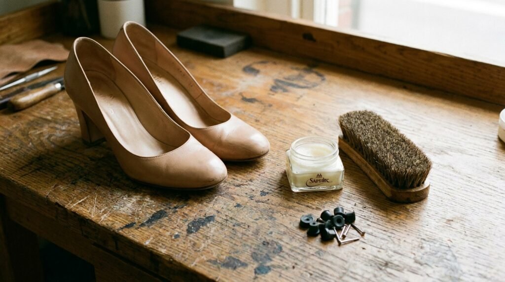 Leather conditioning cream, horsehair shoe brush, and replacement heel tips on a cobbler table.