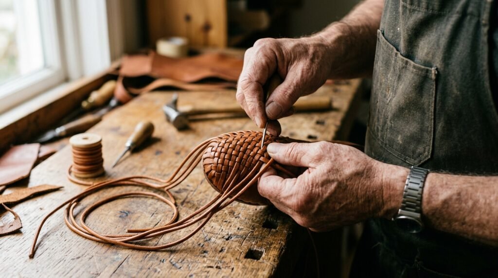 Close-up of artisan hand-weaving leather straps for braided flat sandals.