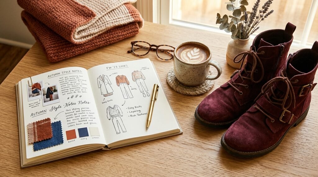 Styling journal, coffee cup, and burgundy suede ankle boots on a wooden workspace.