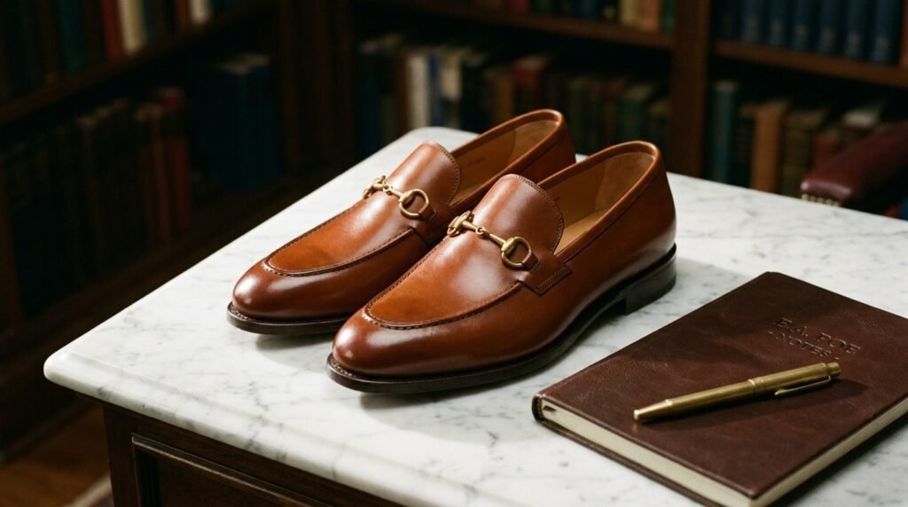 Cognac leather horsebit loafers resting on a white marble desk.