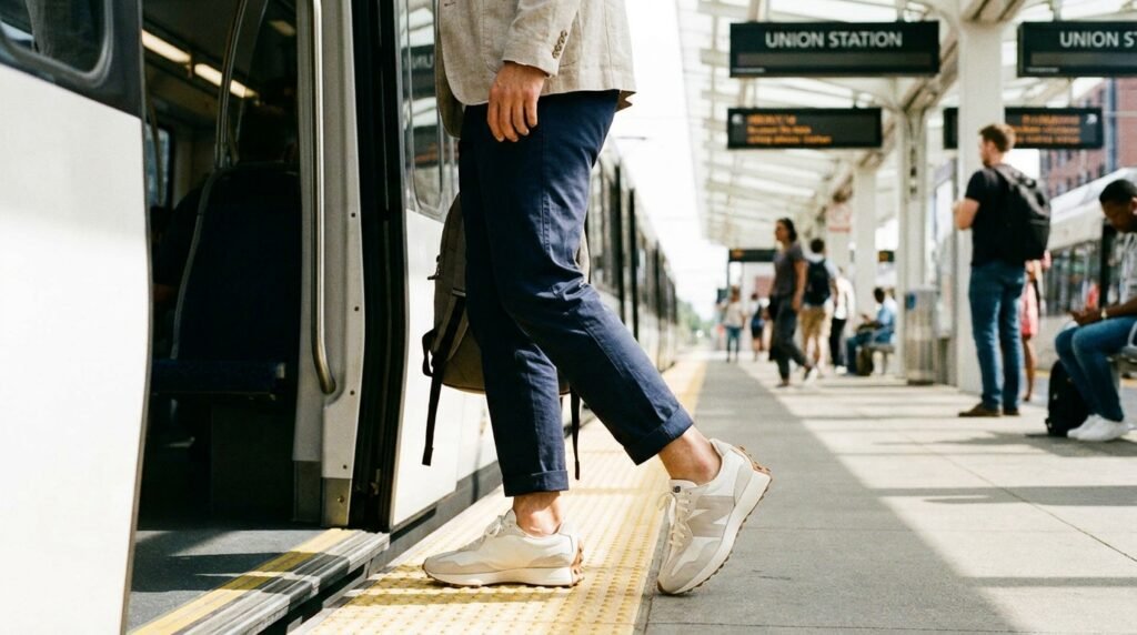 Neutral New Balance retro sneakers worn with cropped navy chinos at a transit station.