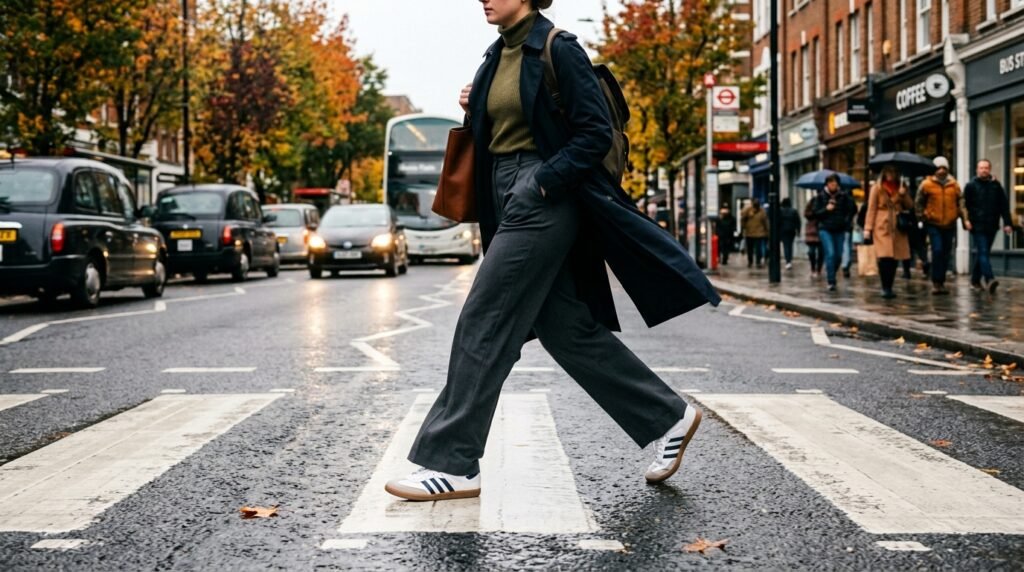 Commuter walking across an urban crosswalk wearing tailored trousers and Adidas Sambas.