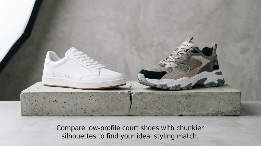 Studio shot of a low-profile court sneaker and a chunky streetwear sneaker on a concrete pedestal.