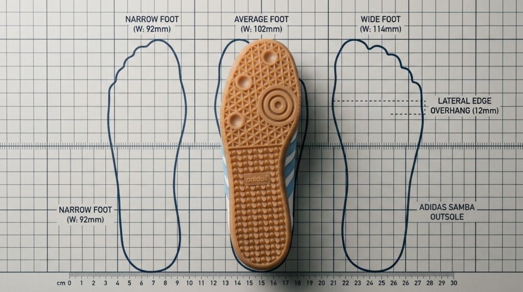 Studio comparison diagram illustrating Adidas Samba fit across narrow, standard, and wide foot profiles.