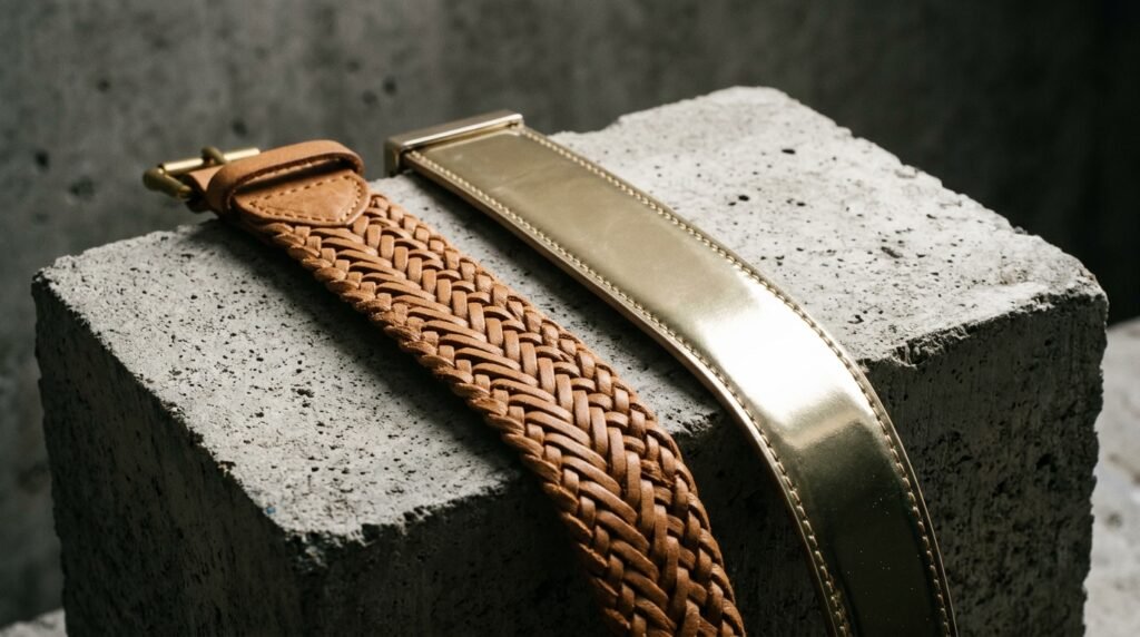 Close-up comparison of braided leather and metallic gold sandal strap textures.