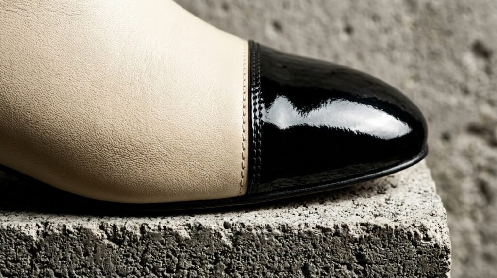 Macro close-up of a two-tone shoe seam showing beige leather and a black patent toe cap.