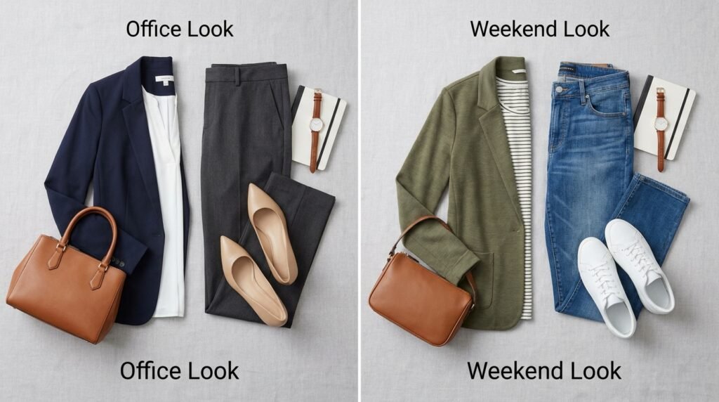 A side-by-side flat lay comparing professional work footwear and casual weekend footwear with blazers.