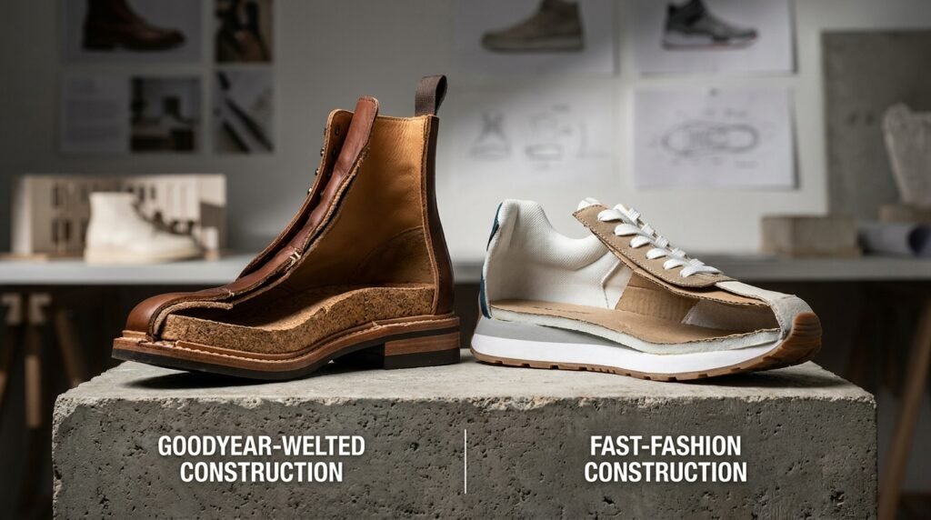 Cross-section comparison of a welted leather shoe versus a glued fast-fashion shoe.