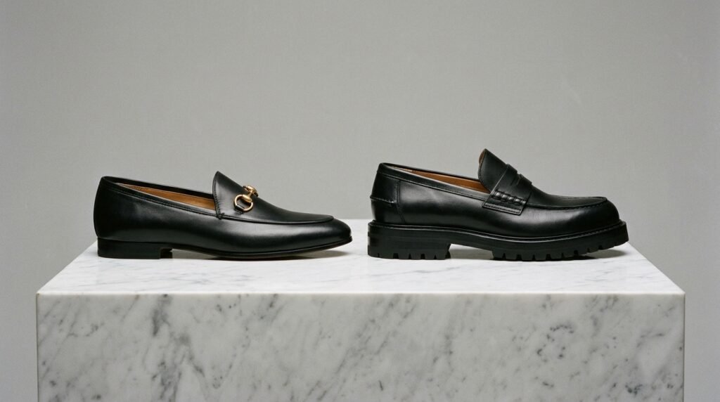 Side-by-side comparison of a slim gold horsebit loafer and a black lug-sole loafer.