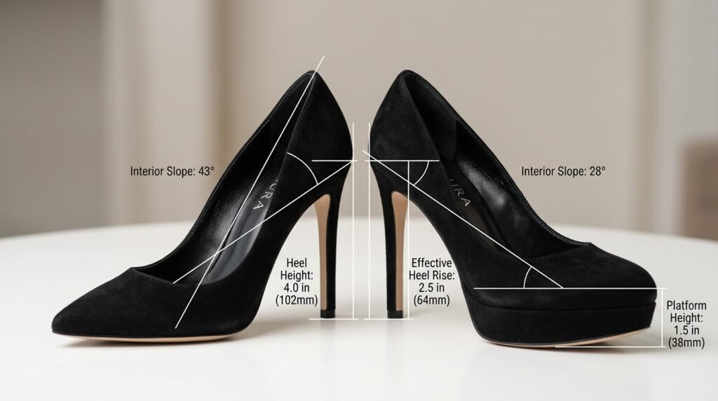 Side-by-side comparison showing how a platform pump reduces the interior slope compared to a stiletto.