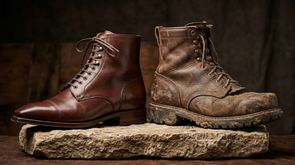 Comparison between an elegant dress cowboy boot and a rugged work boot.