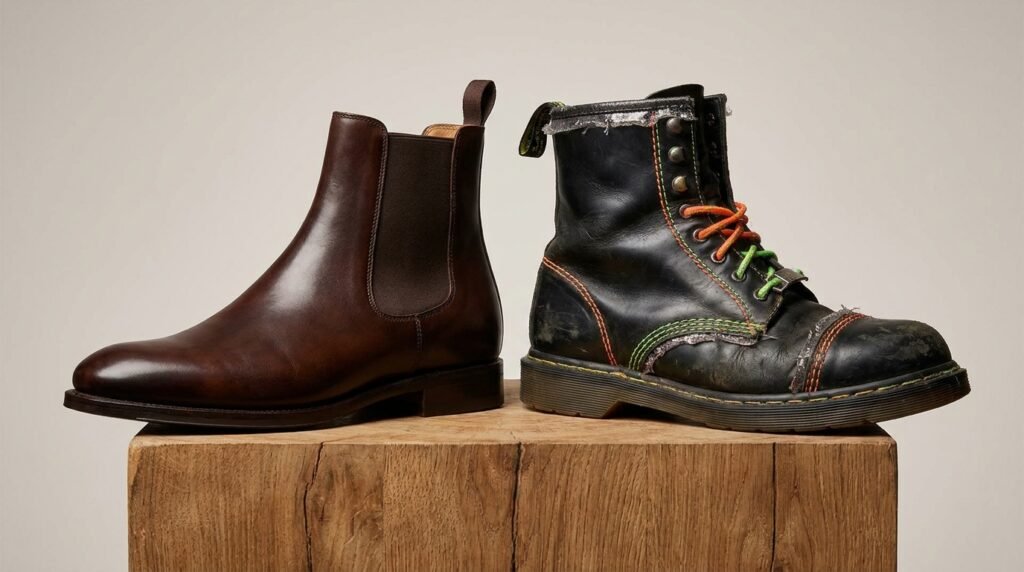 Comparison between an elegant leather dress cowboy boot and an overly embellished costume boot.
