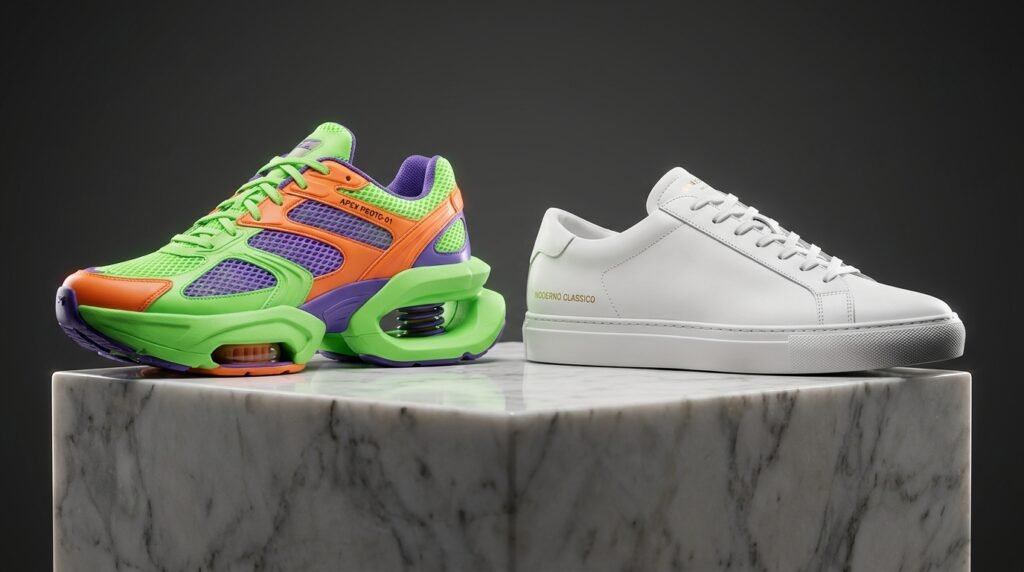 Side-by-side comparison of an athletic running sneaker versus a minimalist white leather office sneaker.