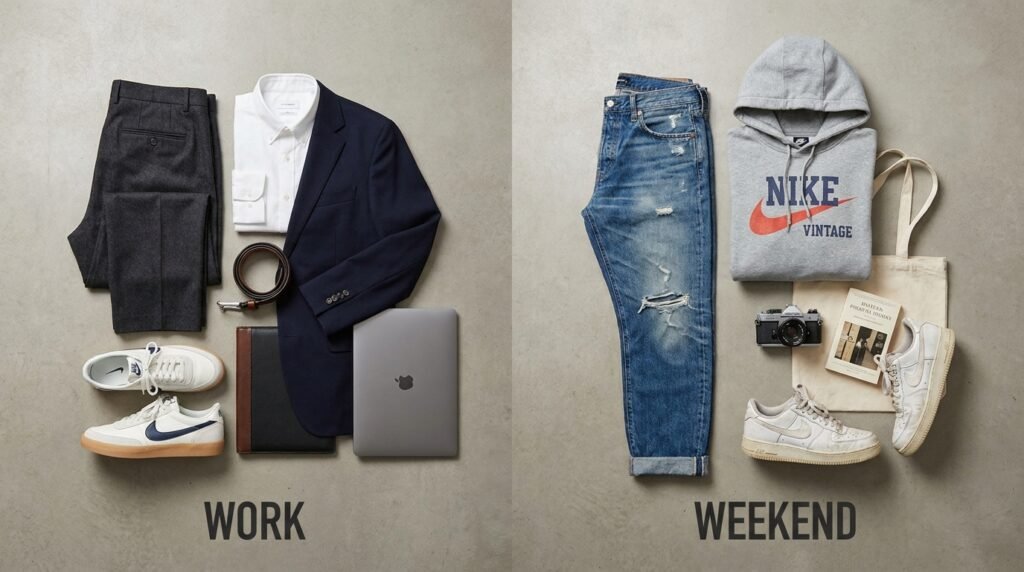 A side-by-side flat lay showing professional work pieces and casual weekend items alongside Nike sneakers.