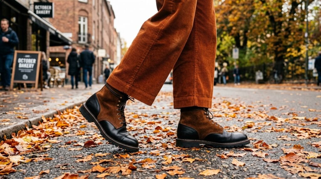 Brown suede and black leather dual-tone ankle boots paired with wide-leg corduroy pants.