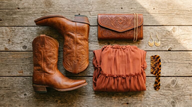 Cowboy boots wedding guest outfit flat lay with cognac leather boots and terracotta dress.