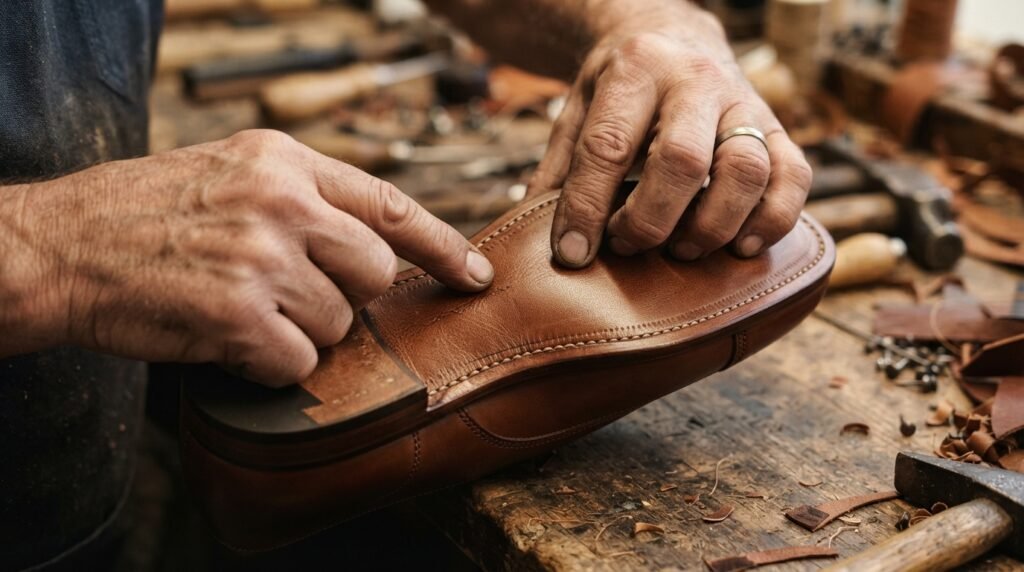 Close-up of hands examining the leather stitching and sole of a well-made shoe.