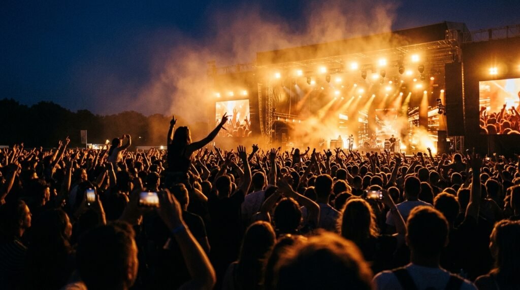 Silhouette of a happy concert crowd enjoying live music under warm, glowing stage lights.