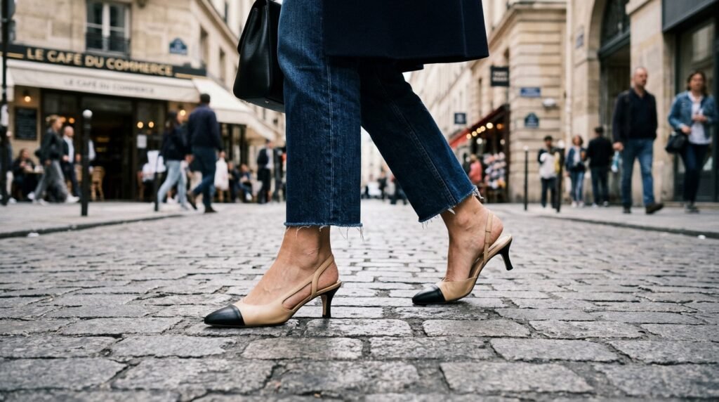 Beige and black cap-toe slingback heels paired with cropped straight-leg jeans.