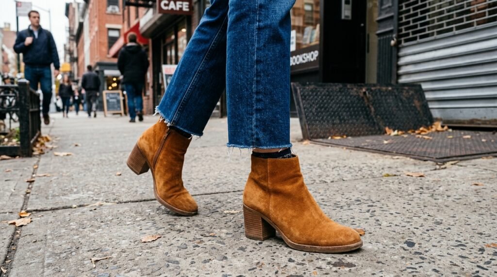 Caramel suede block-heel booties paired with straight-leg indigo denim.