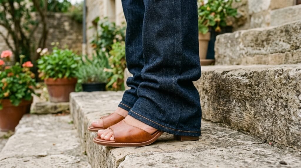 Cognac leather block-heel sandals paired with raw indigo straight-leg denim.