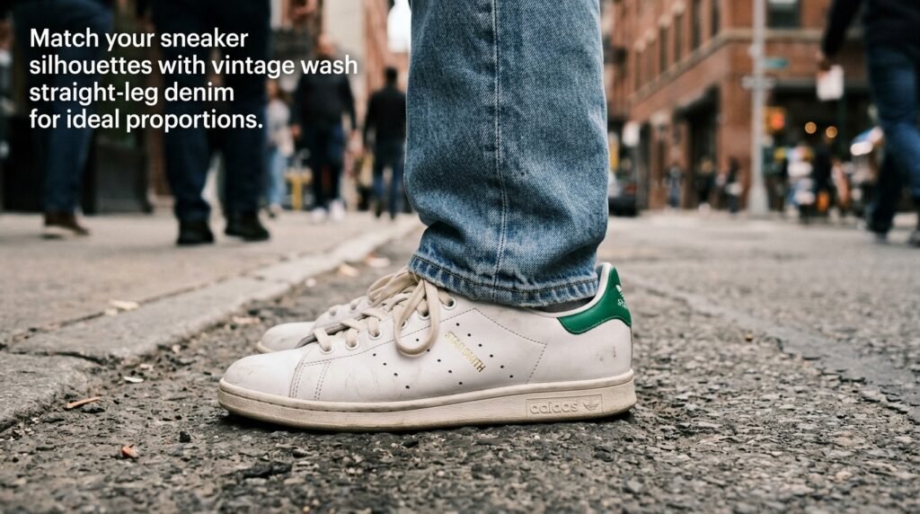 Close-up of denim hems resting over the collar of retro court sneakers on pavement.