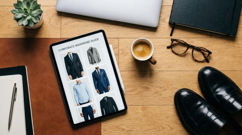 Office desk flat-lay with digital tablet, coffee cup, and black leather loafers.