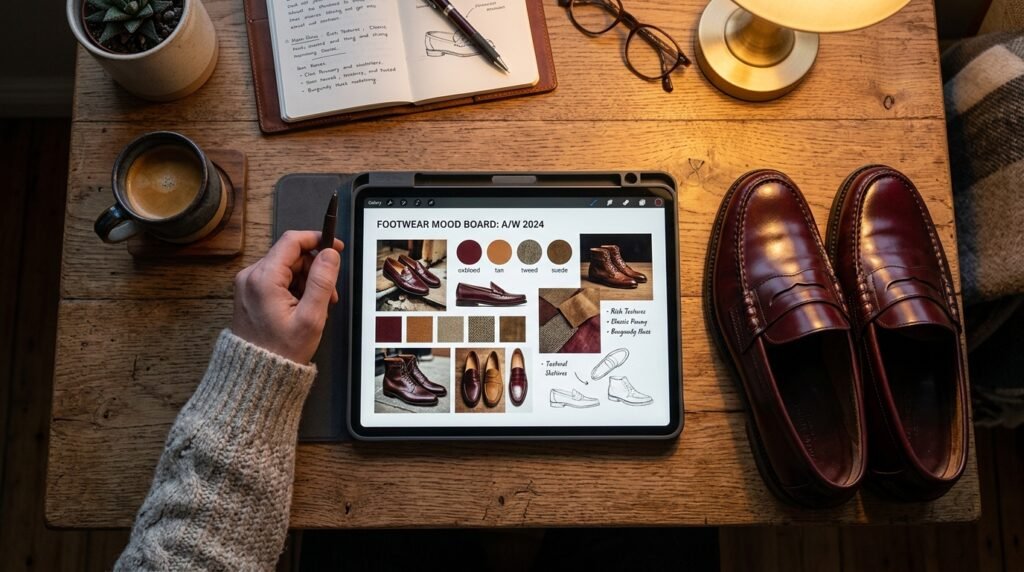 Autumn desk flat lay with an open styling tablet, coffee mug, and burgundy loafers.
