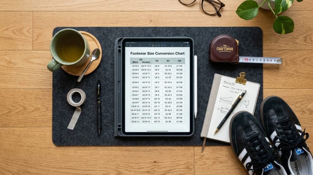 Desk flat lay with tablet sizing chart, measuring tape, and Adidas Samba sneakers.