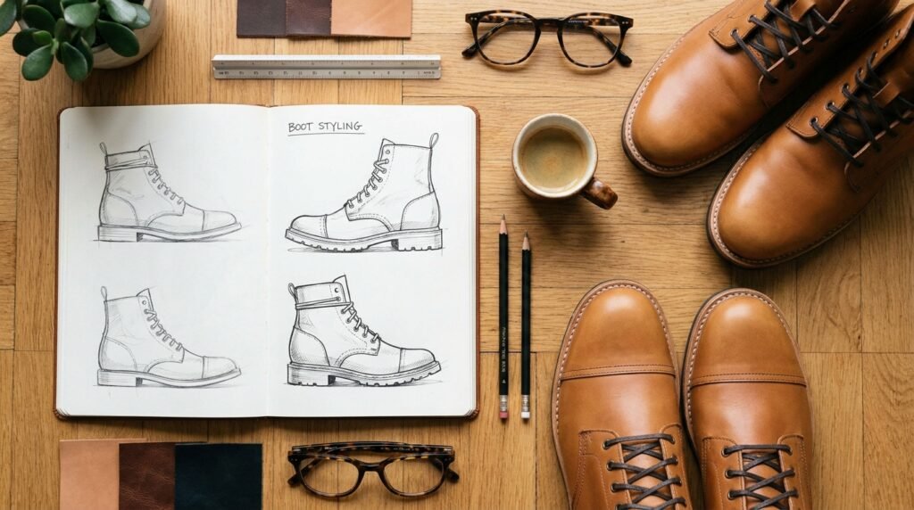 Desk flat lay with fashion sketchbook, coffee, and tan leather boots.