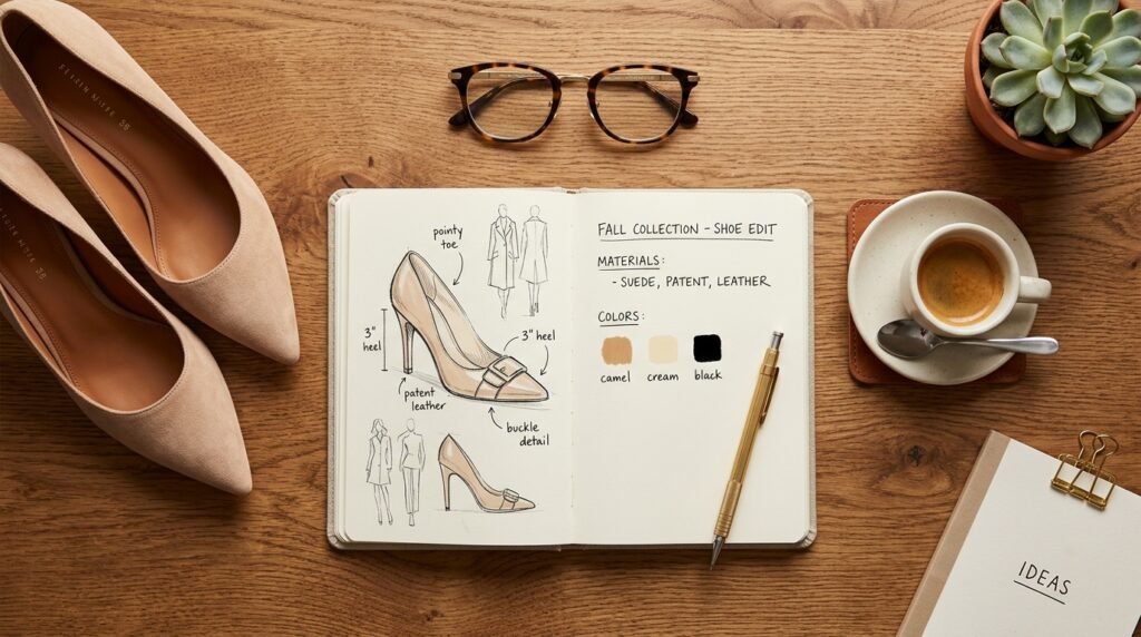 Desk flat lay with fashion notebook, coffee cup, and nude leather heels.