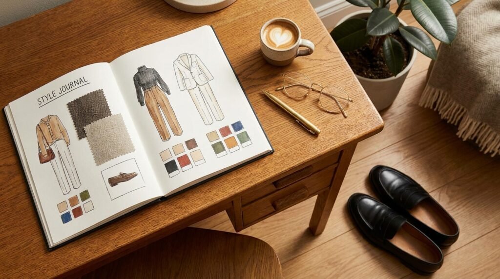 Styling sketchbook, glasses, and black leather loafers arranged on an office desk.