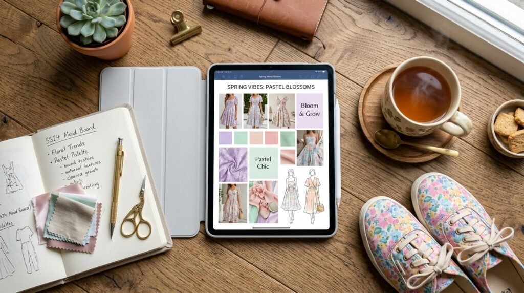 Office desk flat-lay with digital tablet, cup of tea, and floral sneakers.