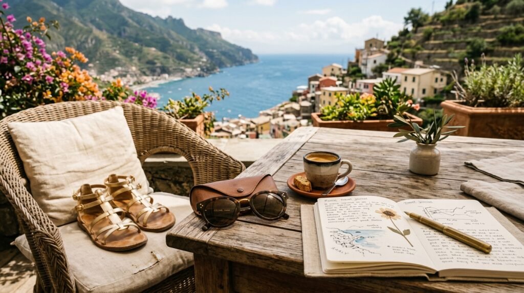 Travel journal and gold flat sandals on an outdoor table illustrating footwear advice.