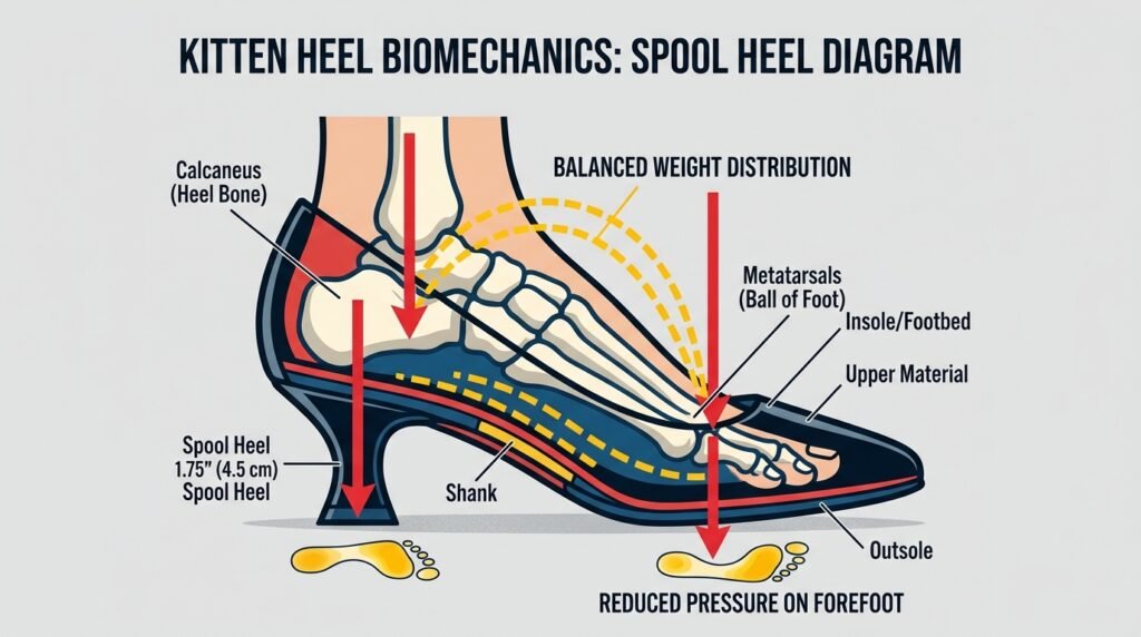 Diagram illustrating foot biomechanics and weight distribution in a low kitten heel.