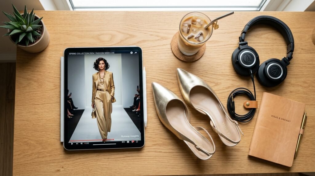 Fashion desk flat lay with tablet, headphones, coffee, and metallic kitten heels.