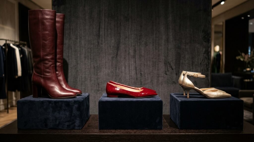 Display of champagne gold, cherry red, and burgundy shoes on velvet pedestals.