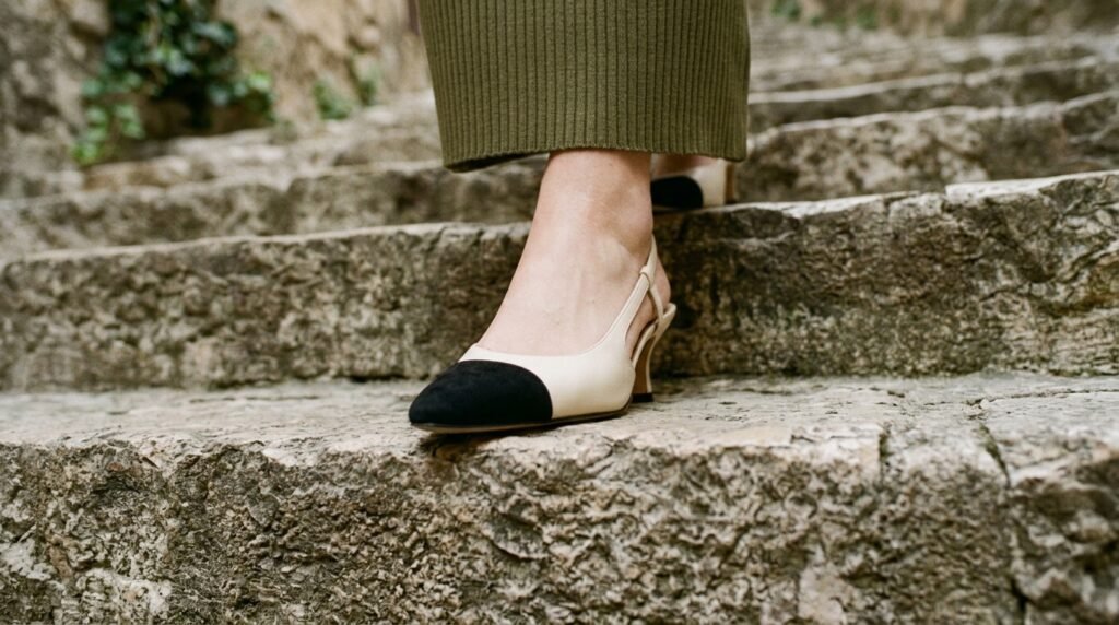 Pointed cream kitten heels with black suede caps paired with a ribbed knit midi dress.
