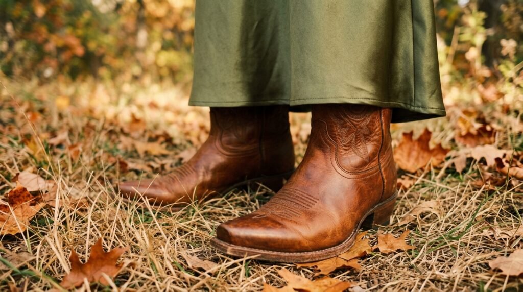 Olive satin midi dress hem draped over cognac leather cowboy boots.