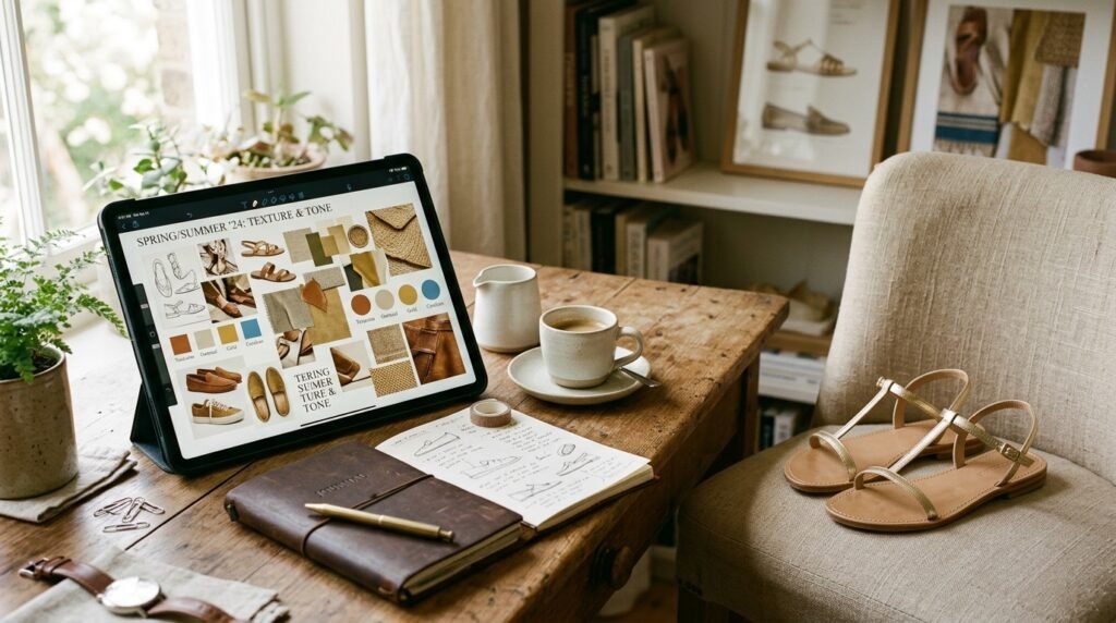 Digital mood board and luxury flat sandals on an office workspace desk.