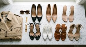 Versatile heels that go with everything flat lay featuring black pumps, nude heels, and strappy sandals.