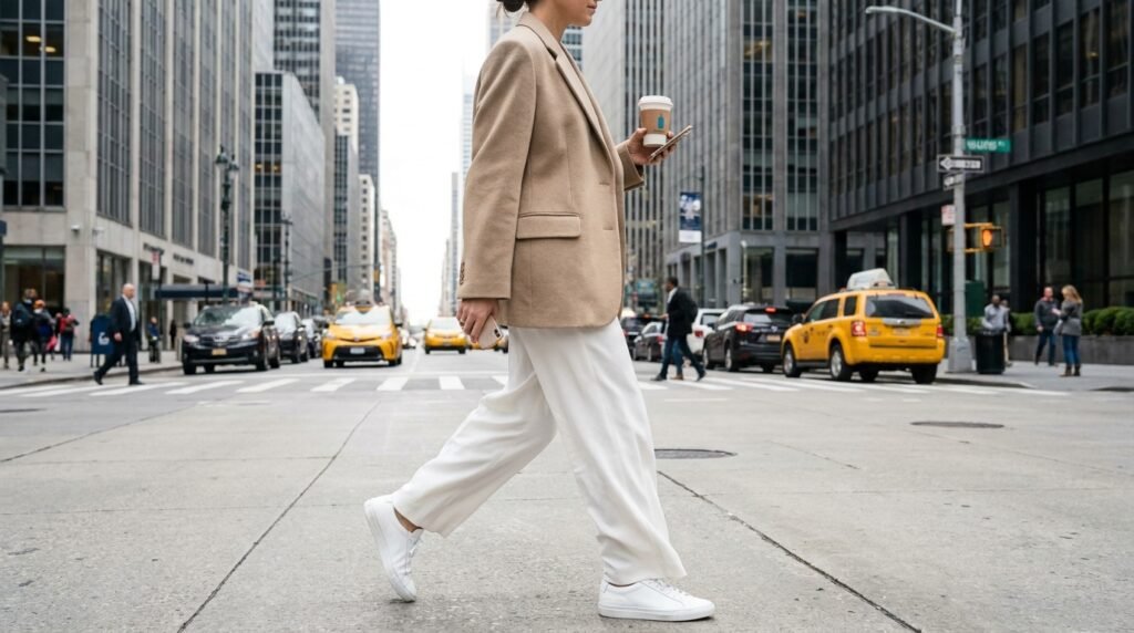 Professional woman wearing an oversized blazer, wide-leg trousers, and white sneakers.